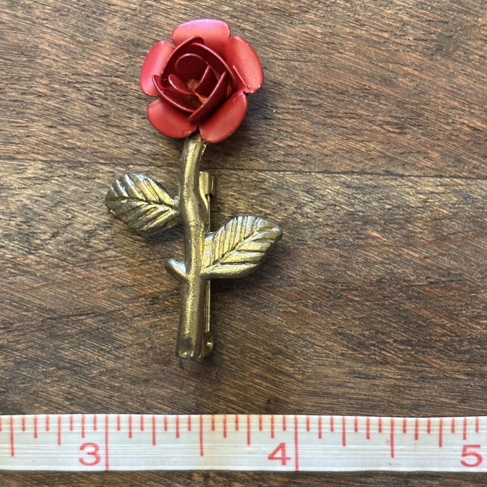 Red Rose Flower Leaf Stem Brooch Gold Tone